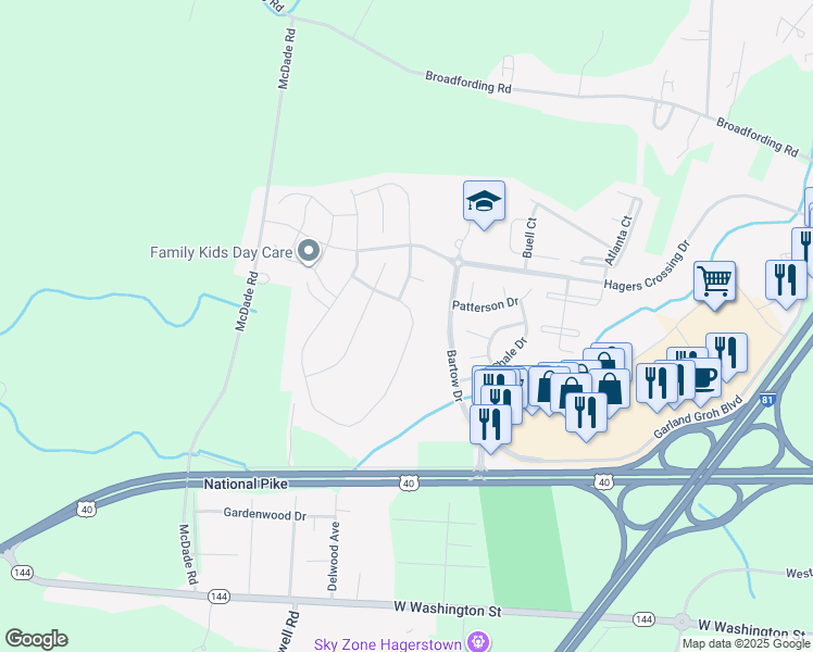 map of restaurants, bars, coffee shops, grocery stores, and more near 12432 Fallen Timbers Circle in Hagerstown