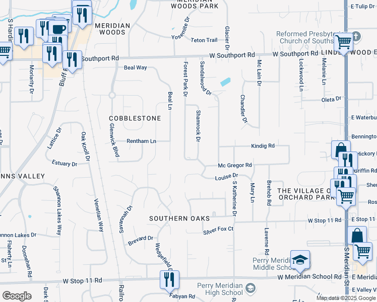 map of restaurants, bars, coffee shops, grocery stores, and more near 7345 Forest Park Drive in Indianapolis