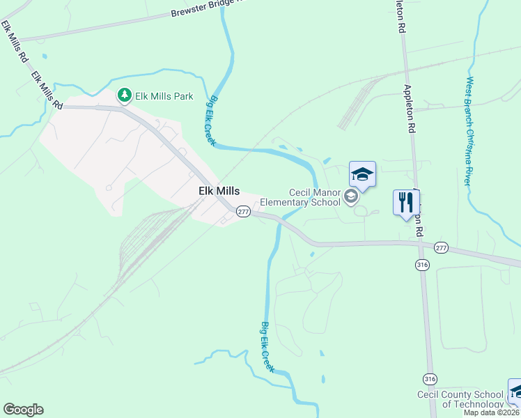 map of restaurants, bars, coffee shops, grocery stores, and more near 807 Elk Mills Road in Elk Mills