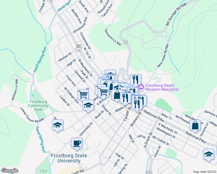 map of restaurants, bars, coffee shops, grocery stores, and more near in Frostburg