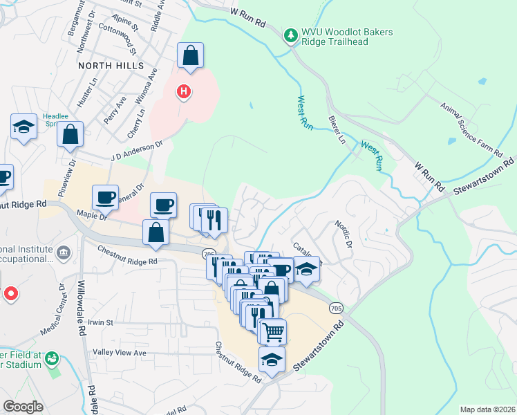 map of restaurants, bars, coffee shops, grocery stores, and more near 1703 Brickyard Avenue in Morgantown