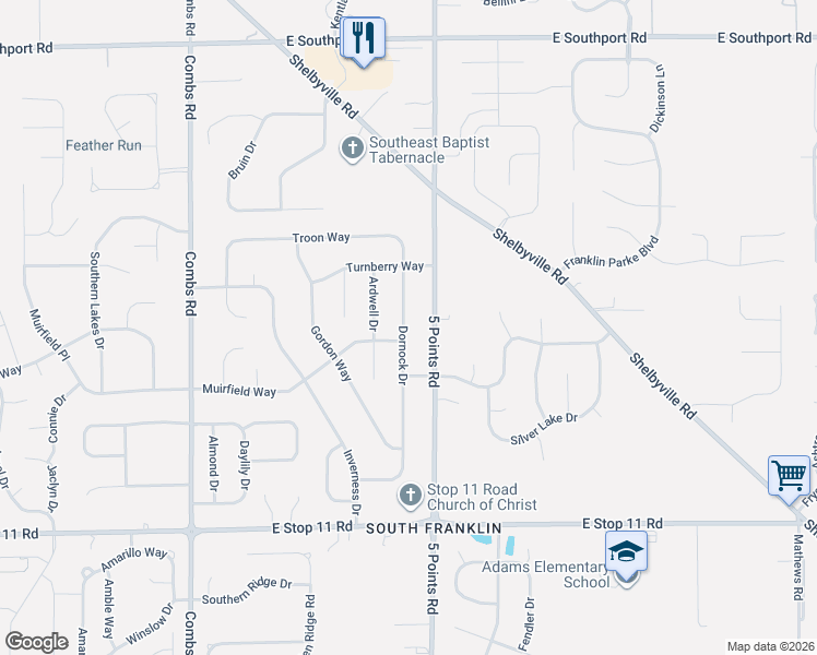 map of restaurants, bars, coffee shops, grocery stores, and more near 7530 Dornock Drive in Indianapolis