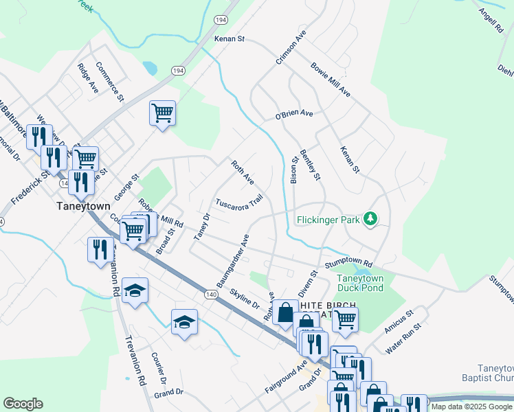 map of restaurants, bars, coffee shops, grocery stores, and more near 19 Tuscarora Trail in Taneytown