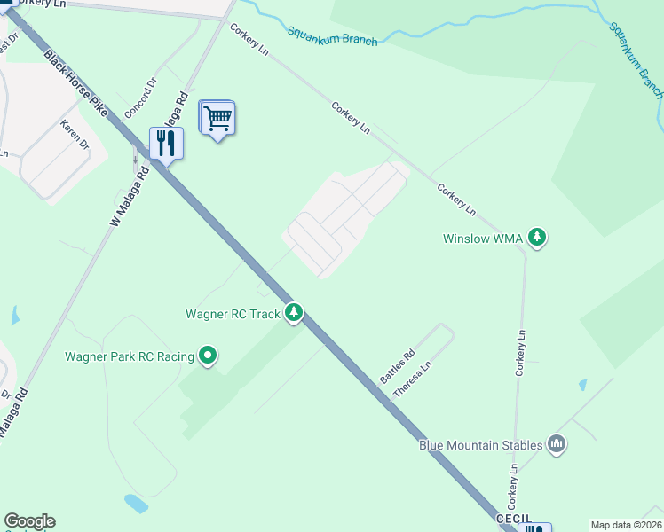 map of restaurants, bars, coffee shops, grocery stores, and more near 2080 South Black Horse Pike in Monroe