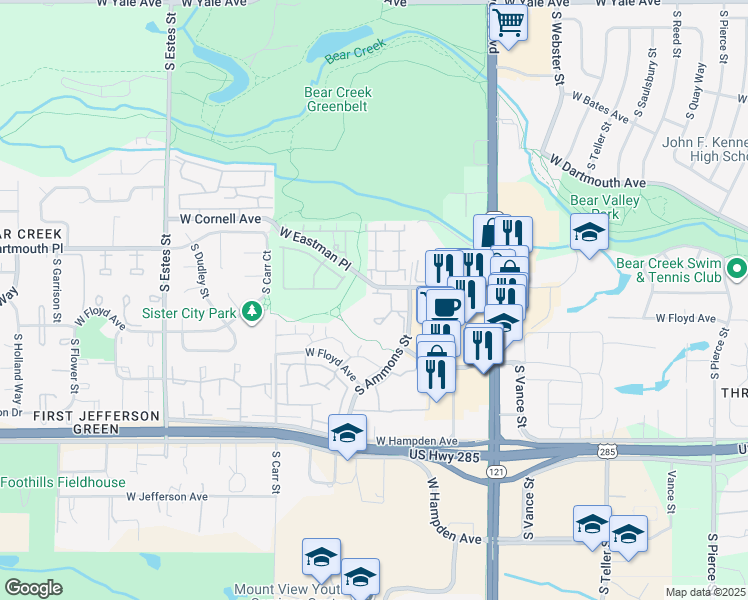 map of restaurants, bars, coffee shops, grocery stores, and more near 8140 West Eastman Place in Denver