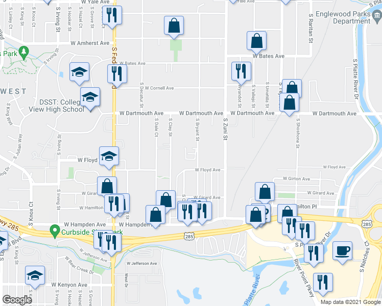 map of restaurants, bars, coffee shops, grocery stores, and more near 3200 South Bryant Street in Sheridan