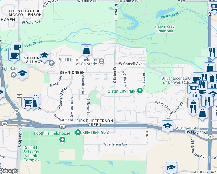 map of restaurants, bars, coffee shops, grocery stores, and more near 3151 South Estes Street in Lakewood