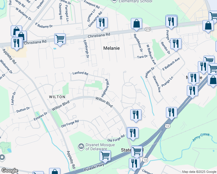 map of restaurants, bars, coffee shops, grocery stores, and more near 101 Highland Boulevard in New Castle