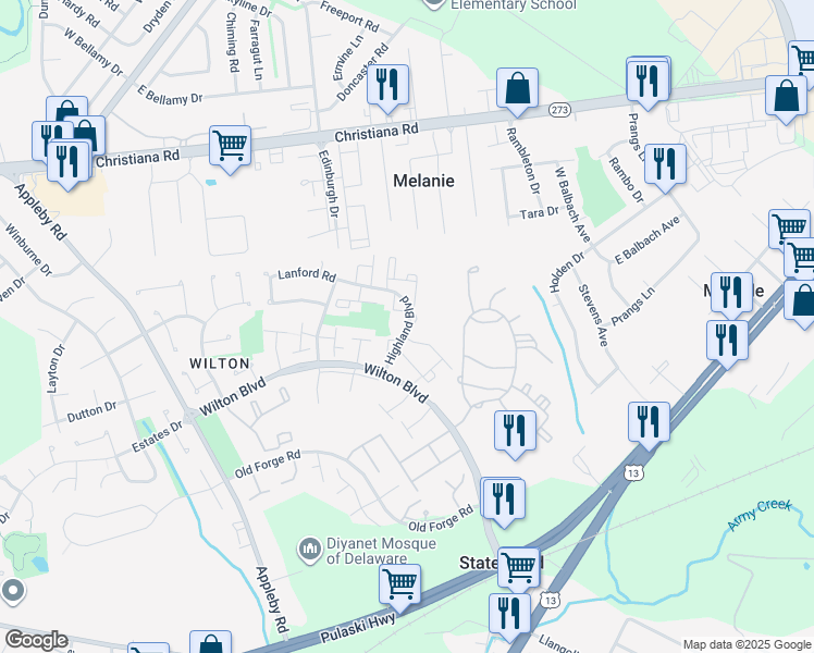 map of restaurants, bars, coffee shops, grocery stores, and more near 114 Highland Boulevard in New Castle