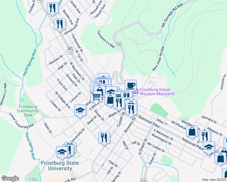 map of restaurants, bars, coffee shops, grocery stores, and more near 22 Welsh Street in Frostburg
