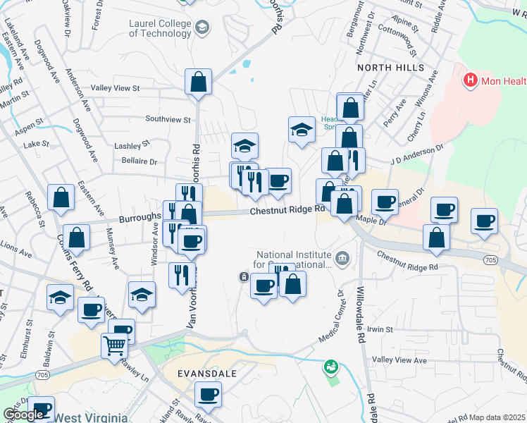 map of restaurants, bars, coffee shops, grocery stores, and more near 779 Chestnut Ridge Road in Morgantown