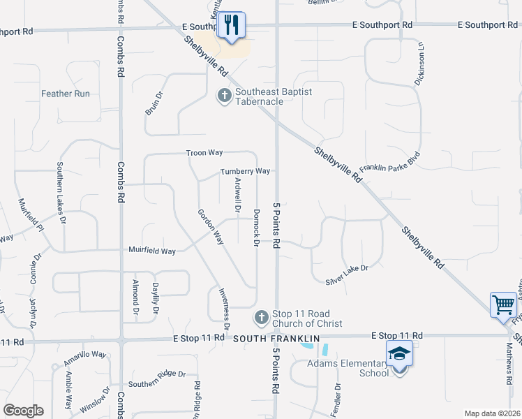 map of restaurants, bars, coffee shops, grocery stores, and more near 7530 Dornock Drive in Indianapolis
