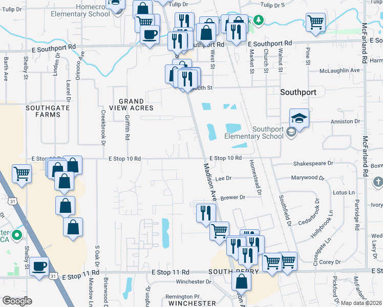 map of restaurants, bars, coffee shops, grocery stores, and more near 7433 Sharzad Place in Indianapolis