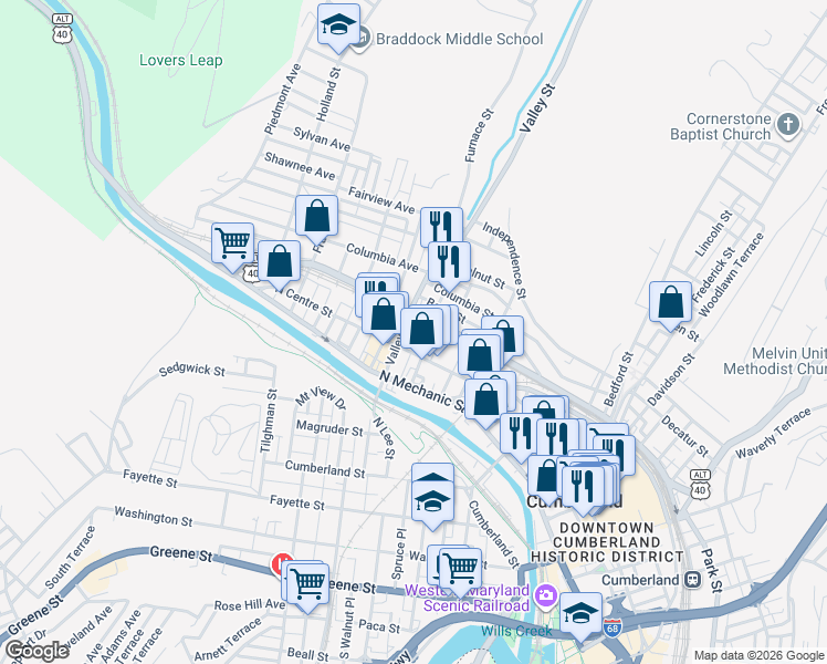 map of restaurants, bars, coffee shops, grocery stores, and more near 443 Henderson Avenue in Cumberland