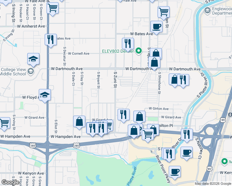 map of restaurants, bars, coffee shops, grocery stores, and more near 3200 South Zuni Street in Englewood