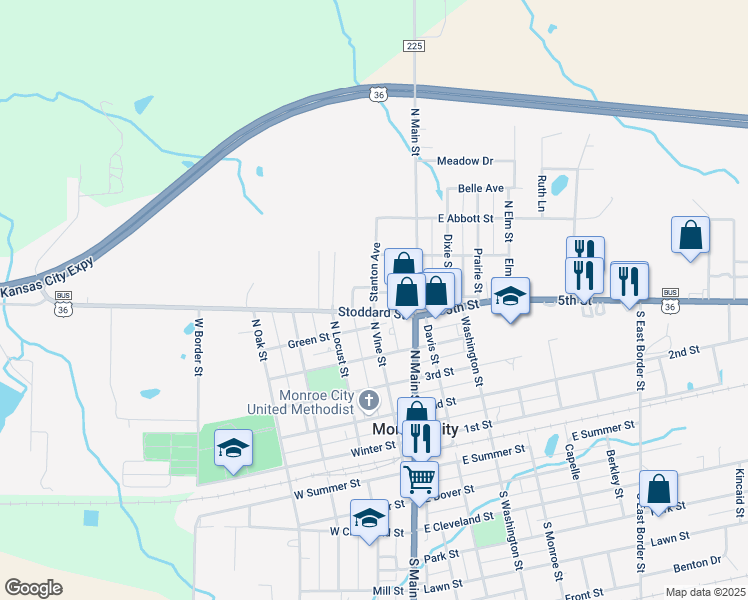 map of restaurants, bars, coffee shops, grocery stores, and more near 723 Stanton Ave in Monroe City