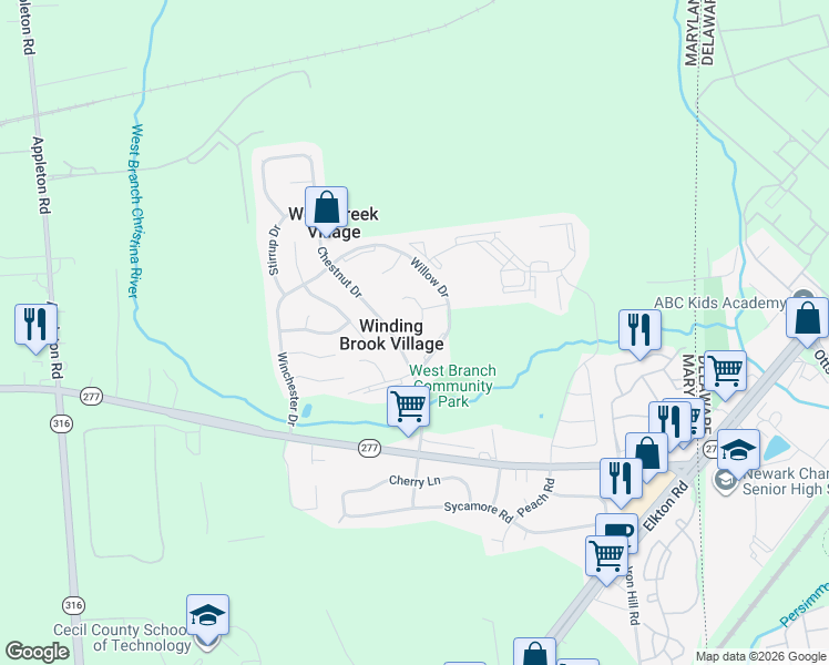 map of restaurants, bars, coffee shops, grocery stores, and more near 12 Willow Court in Elkton