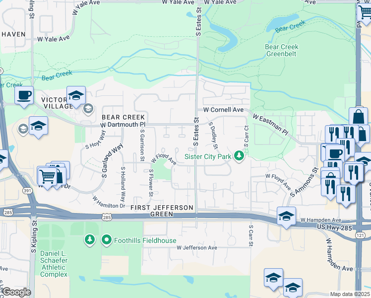 map of restaurants, bars, coffee shops, grocery stores, and more near 3151 South Estes Street in Lakewood