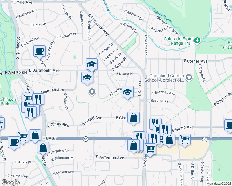 map of restaurants, bars, coffee shops, grocery stores, and more near 8640 E Eastman Ave in Denver