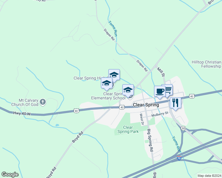 map of restaurants, bars, coffee shops, grocery stores, and more near 12630 Broadfording Road in Clear Spring