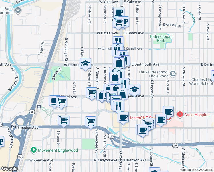 map of restaurants, bars, coffee shops, grocery stores, and more near 168 West Eastman Avenue in Englewood