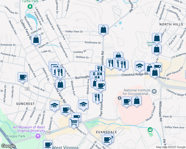 map of restaurants, bars, coffee shops, grocery stores, and more near 916 Suncrest Place in Morgantown