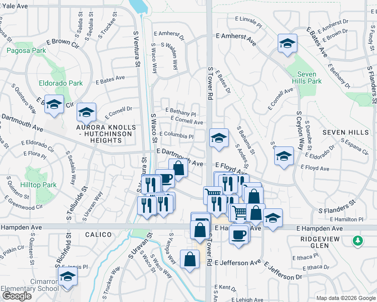 map of restaurants, bars, coffee shops, grocery stores, and more near 18495 East Columbia Circle in Aurora