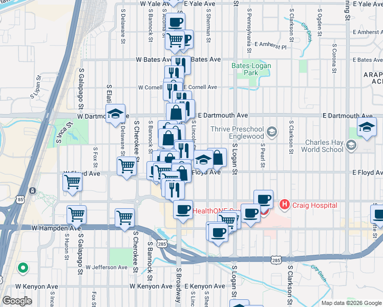 map of restaurants, bars, coffee shops, grocery stores, and more near 3203 South Lincoln Street in Englewood