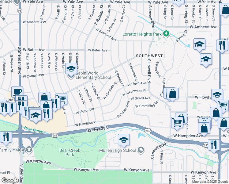 map of restaurants, bars, coffee shops, grocery stores, and more near 4043 West Eldorado Place in Denver