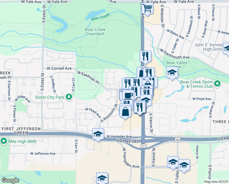 map of restaurants, bars, coffee shops, grocery stores, and more near 8101 West Eastman Place in Lakewood