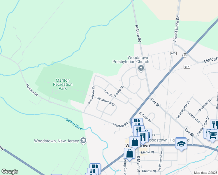 map of restaurants, bars, coffee shops, grocery stores, and more near 43 West Grant Street in Woodstown