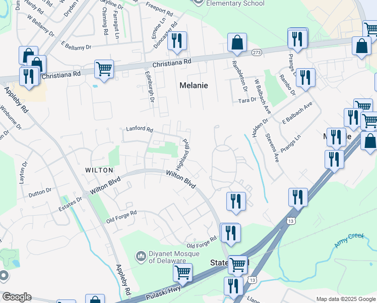 map of restaurants, bars, coffee shops, grocery stores, and more near 101 Highland Boulevard in New Castle
