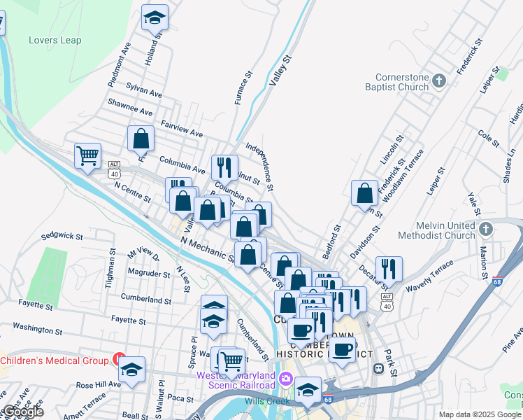 map of restaurants, bars, coffee shops, grocery stores, and more near 311 Columbia Street in Cumberland