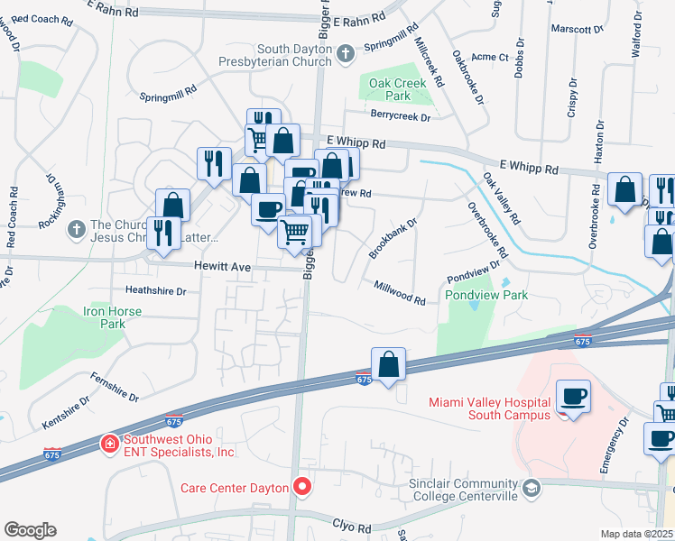 map of restaurants, bars, coffee shops, grocery stores, and more near 5611 Coach Drive East in Dayton