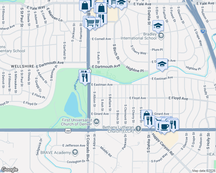 map of restaurants, bars, coffee shops, grocery stores, and more near 3201 South Bellaire Street in Denver