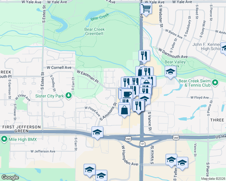 map of restaurants, bars, coffee shops, grocery stores, and more near 8101 West Eastman Place in Lakewood
