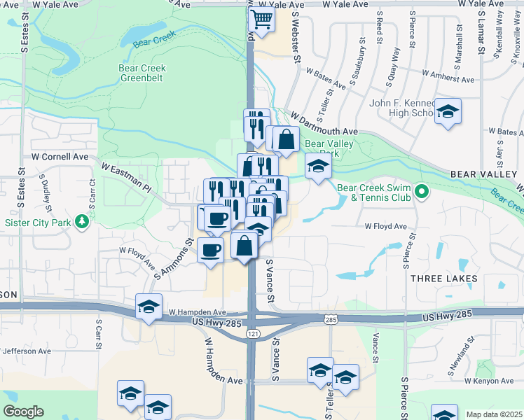 map of restaurants, bars, coffee shops, grocery stores, and more near in Lakewood