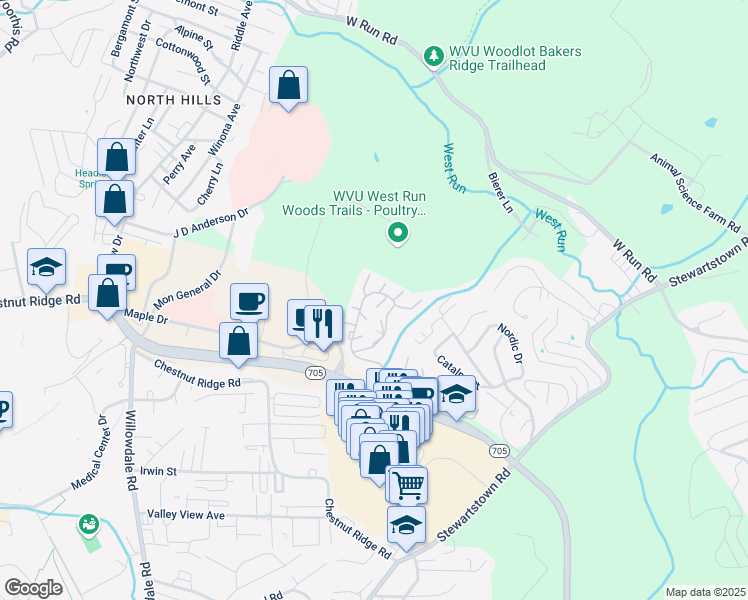 map of restaurants, bars, coffee shops, grocery stores, and more near 1617 Suncrest Village in Morgantown