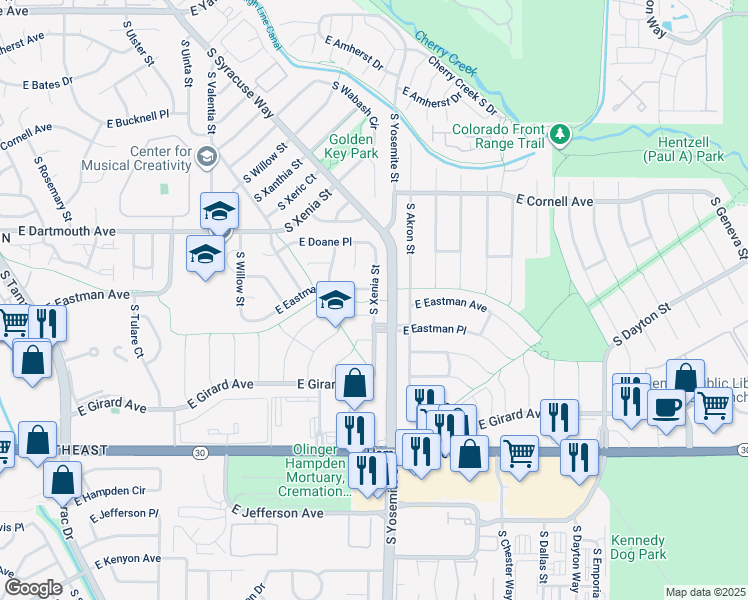 map of restaurants, bars, coffee shops, grocery stores, and more near Hampden Heights Trail in Denver