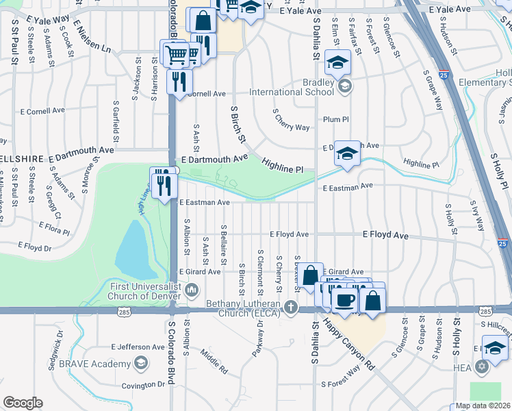 map of restaurants, bars, coffee shops, grocery stores, and more near 4458 E Eastman Ave in Denver