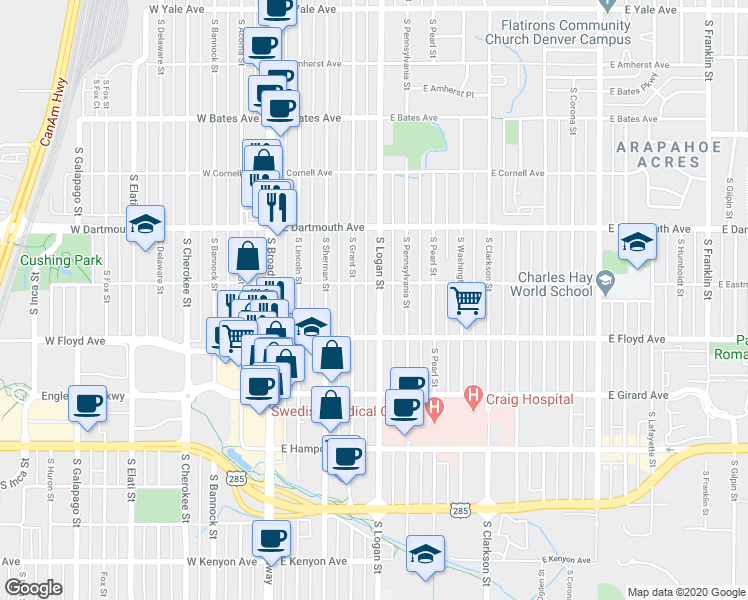 map of restaurants, bars, coffee shops, grocery stores, and more near 3229 South Logan Street in Englewood