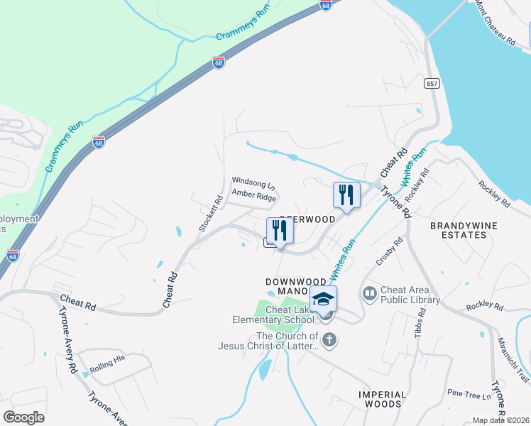 map of restaurants, bars, coffee shops, grocery stores, and more near 87 Sundance Drive in Morgantown