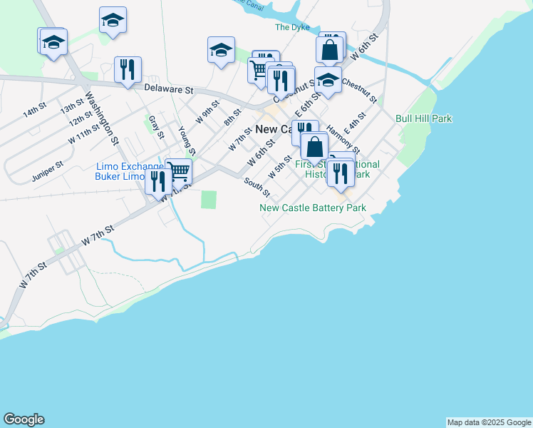 map of restaurants, bars, coffee shops, grocery stores, and more near 121 West 4th Street in New Castle