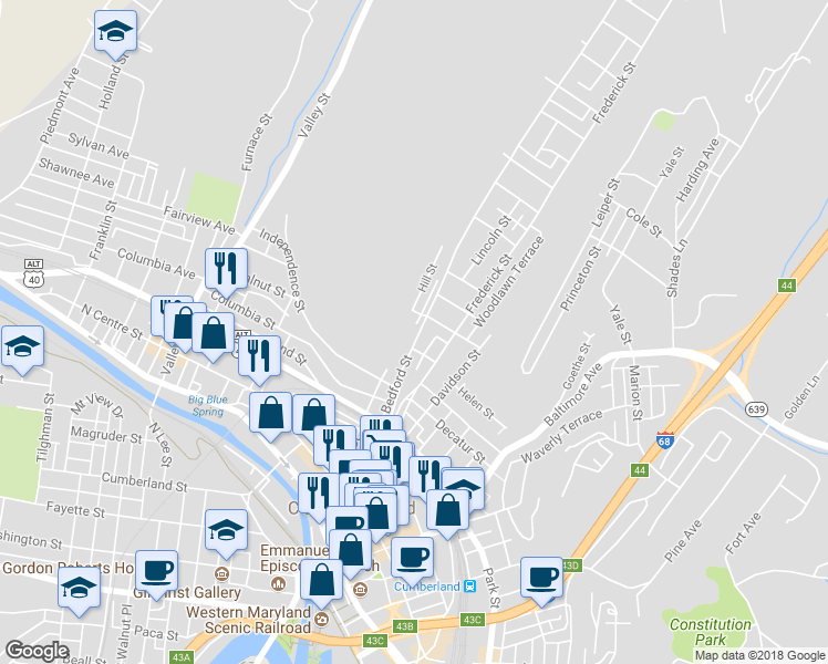 map of restaurants, bars, coffee shops, grocery stores, and more near 350 Bedford Street in Cumberland