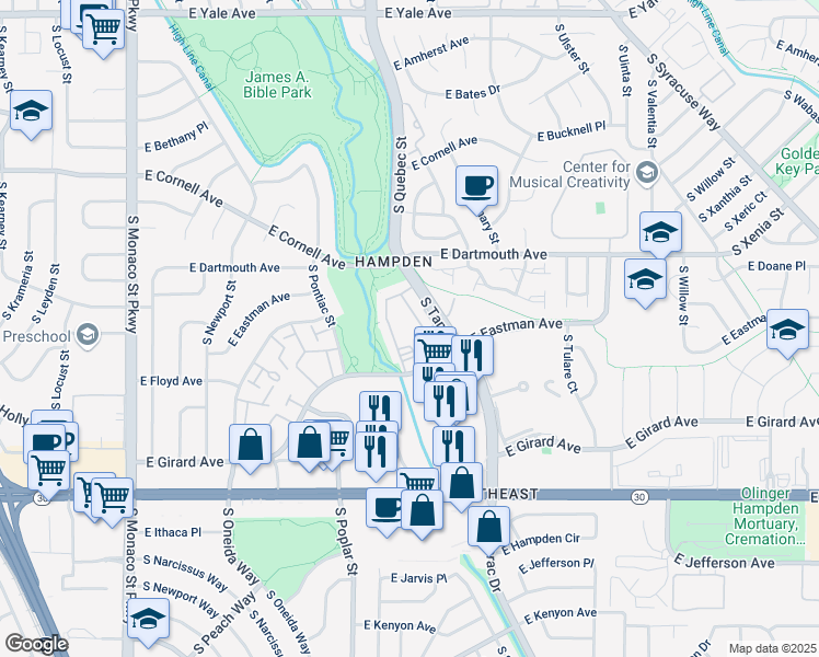 map of restaurants, bars, coffee shops, grocery stores, and more near 3121 South Tamarac Drive in Denver