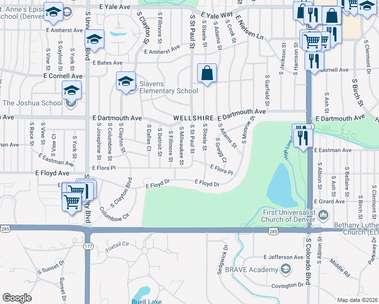 map of restaurants, bars, coffee shops, grocery stores, and more near 3206 South Saint Paul Street in Denver