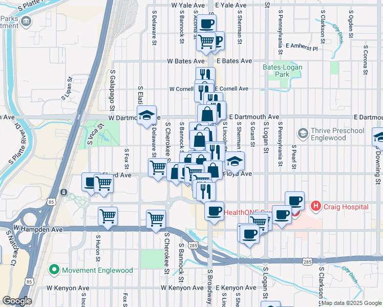 map of restaurants, bars, coffee shops, grocery stores, and more near 168 West Eastman Avenue in Englewood