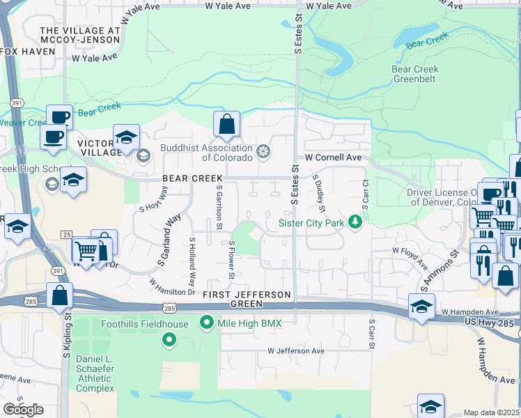 map of restaurants, bars, coffee shops, grocery stores, and more near 8964 West Dartmouth Place in Lakewood