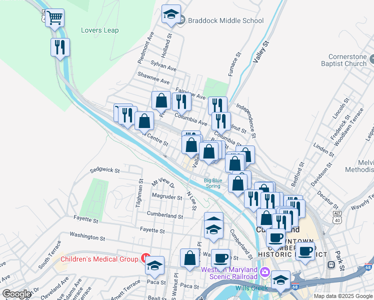 map of restaurants, bars, coffee shops, grocery stores, and more near 549 North Centre Street in Cumberland