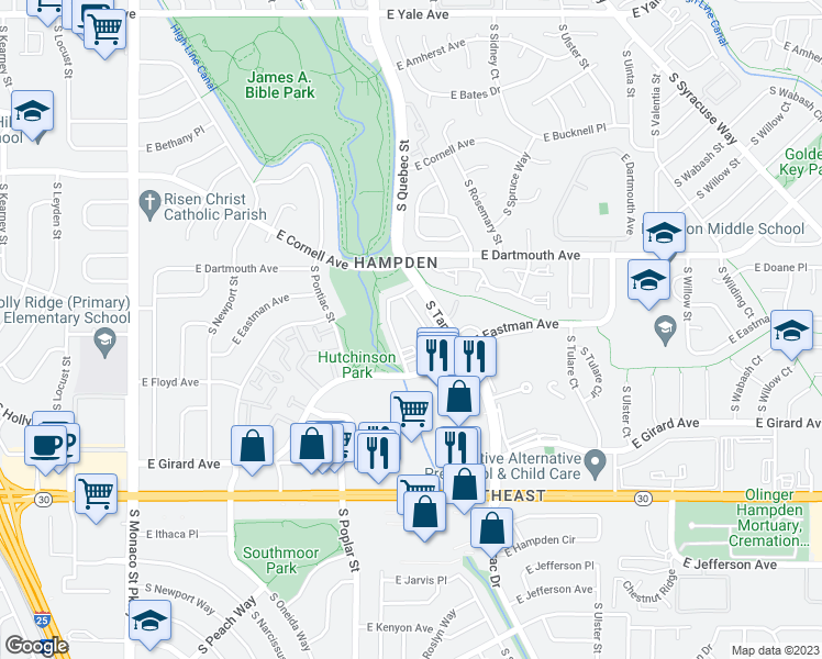 map of restaurants, bars, coffee shops, grocery stores, and more near 3121 South Tamarac Drive in Denver